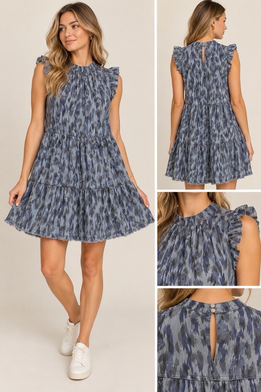 Anthropologie Jenee Tiered Tunic Dress Blue Ruffle Sleeve Mini Dress